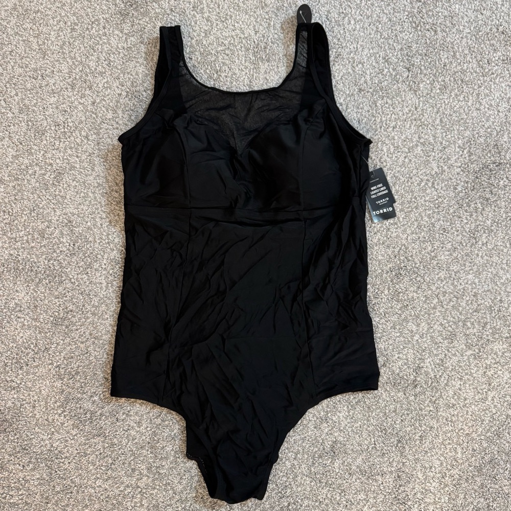 NWT Torrid Active 2X Full Coverage Black Hi Neck Mesh Scoop One PC Swimsuit